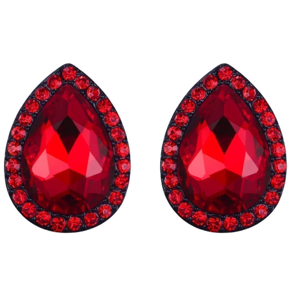 Carbon Black with Ruby Red Austrian Crystal Teardrop Stud Post Back Earrings